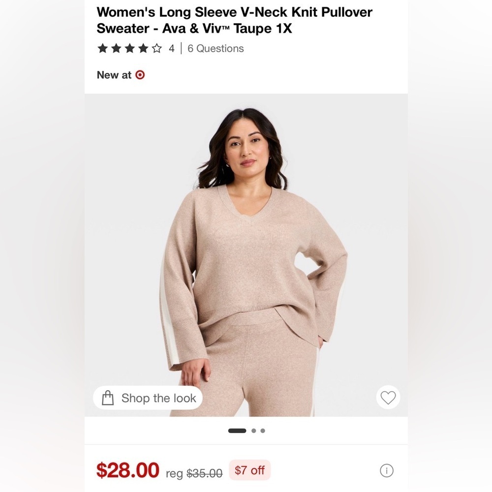 Size XXL Ava & Viv Women's V-Neck Sweater - Taupe and Cream